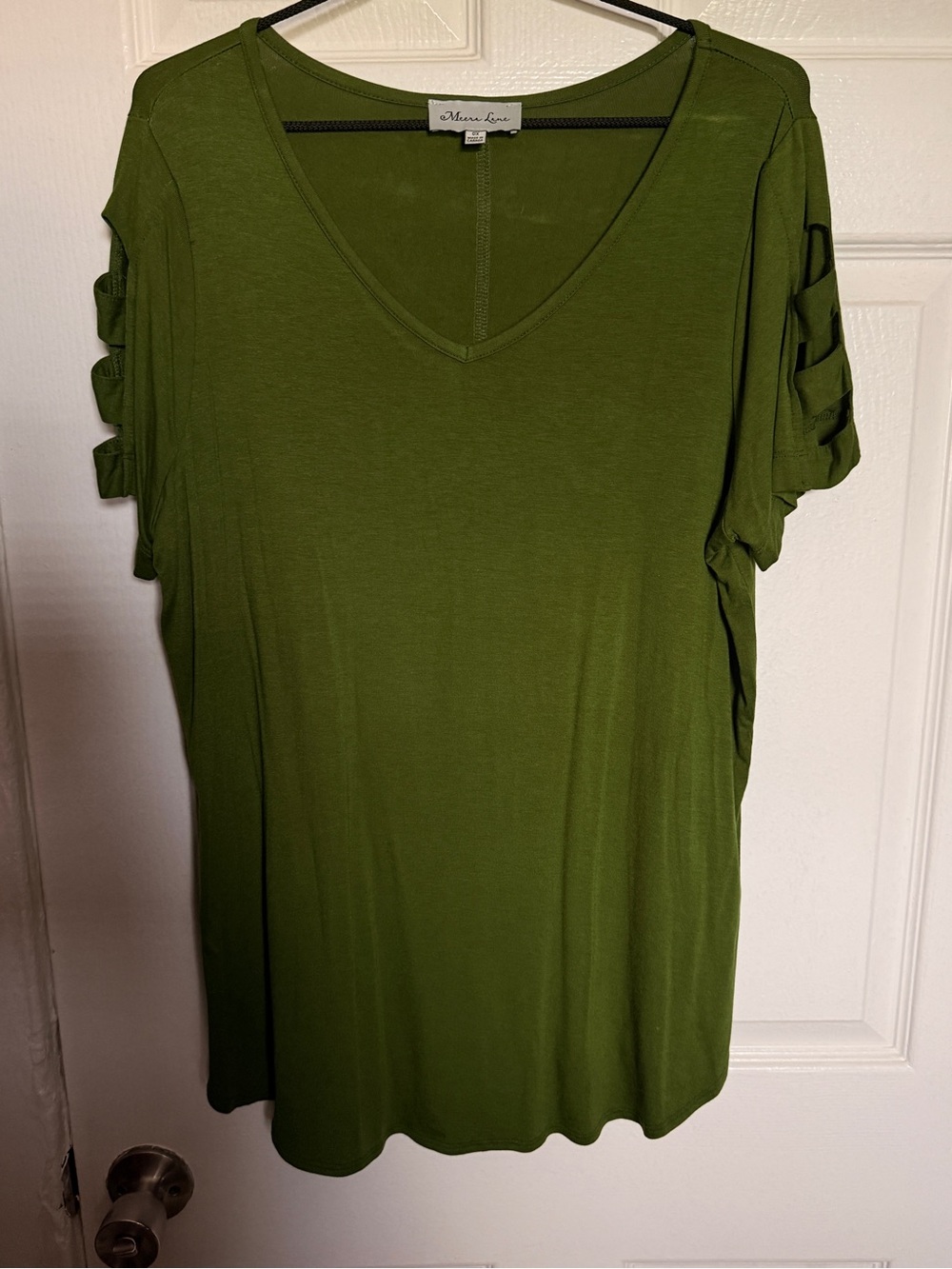 Meere Lane  Olive Green V-Neck Short Sleeve Tee with Ladder Sleeve Detail